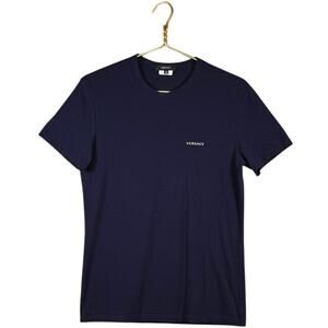 Versace Women’s Navy Blue Logo T-Shirt Size 4 (Small/Medium)